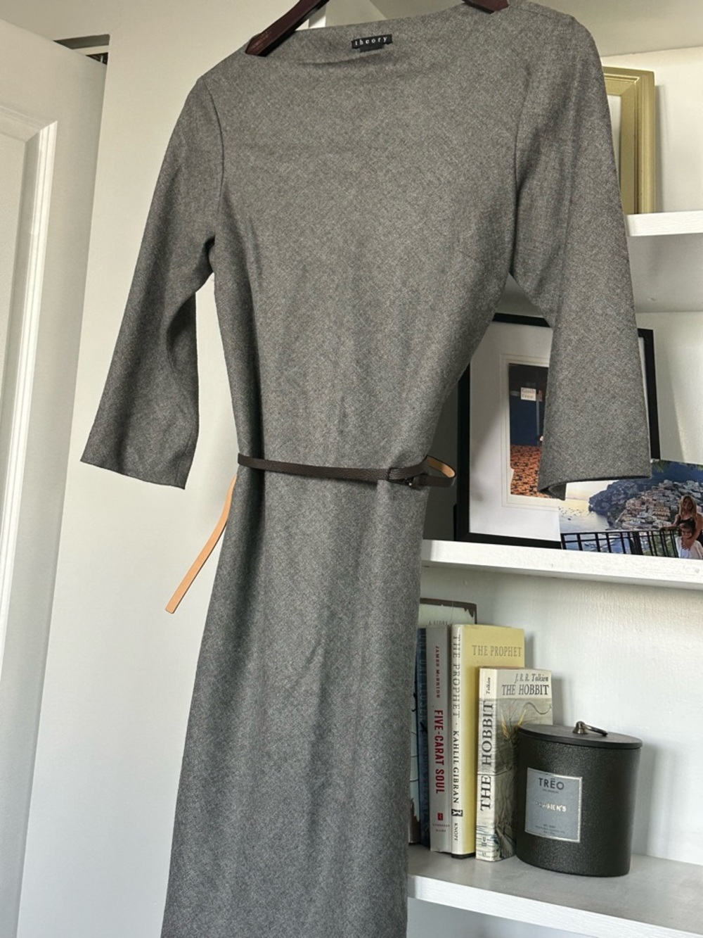 Theory Gray Midi Belted Sheath Dress - Picture 3 of 6